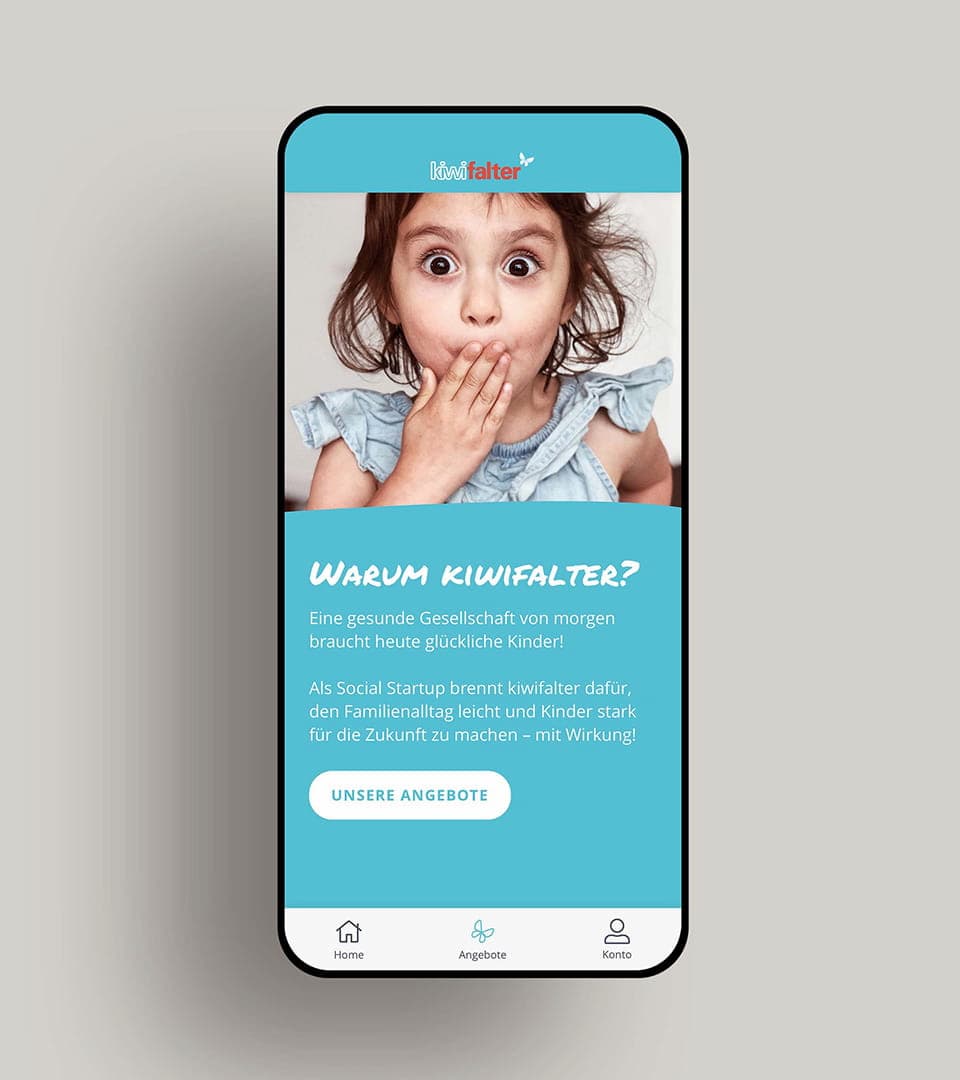 Mehrere Screenshots des Designs der kiwifalter App